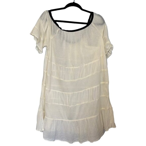 Free People Ivory Semi-Sheer Tiered Mini Dress with Black Ribbon Detail - Size M - Picture 3 of 6